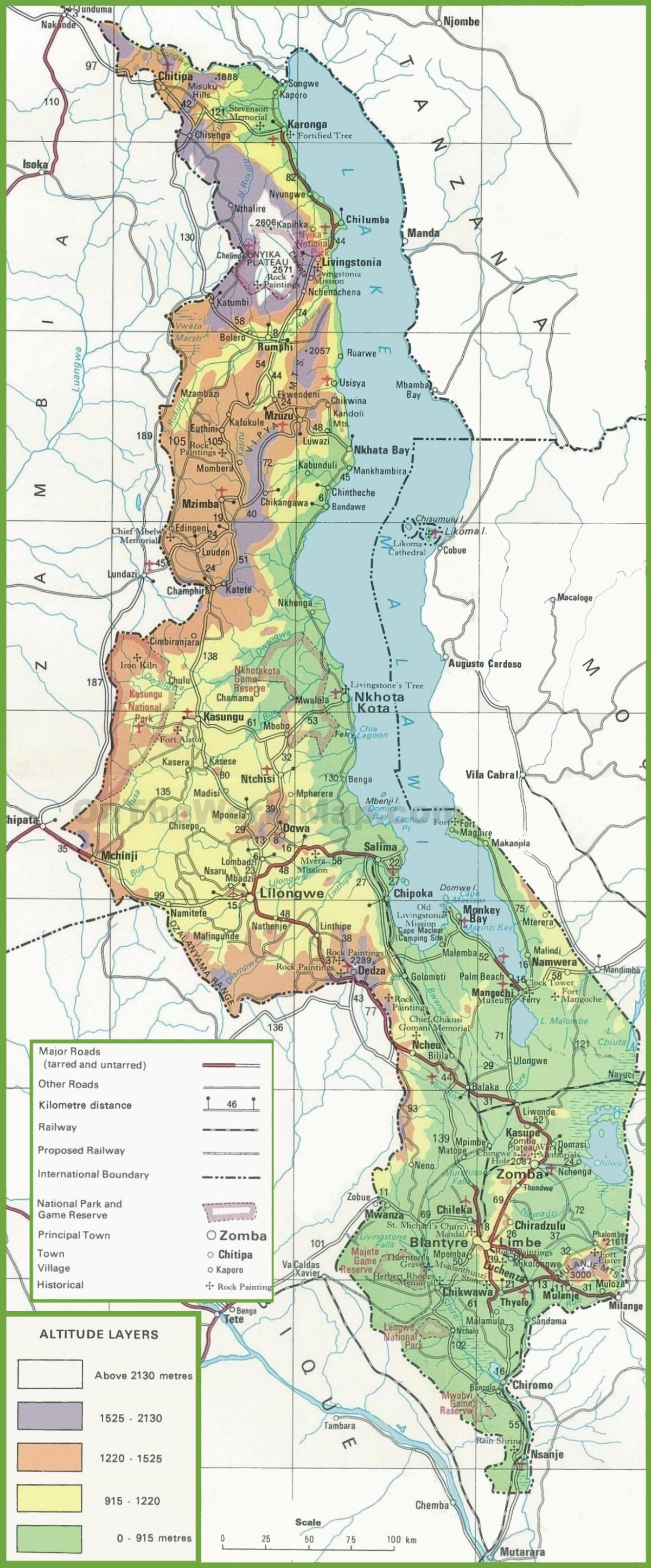 zemljevid fizični zemljevid Malavi