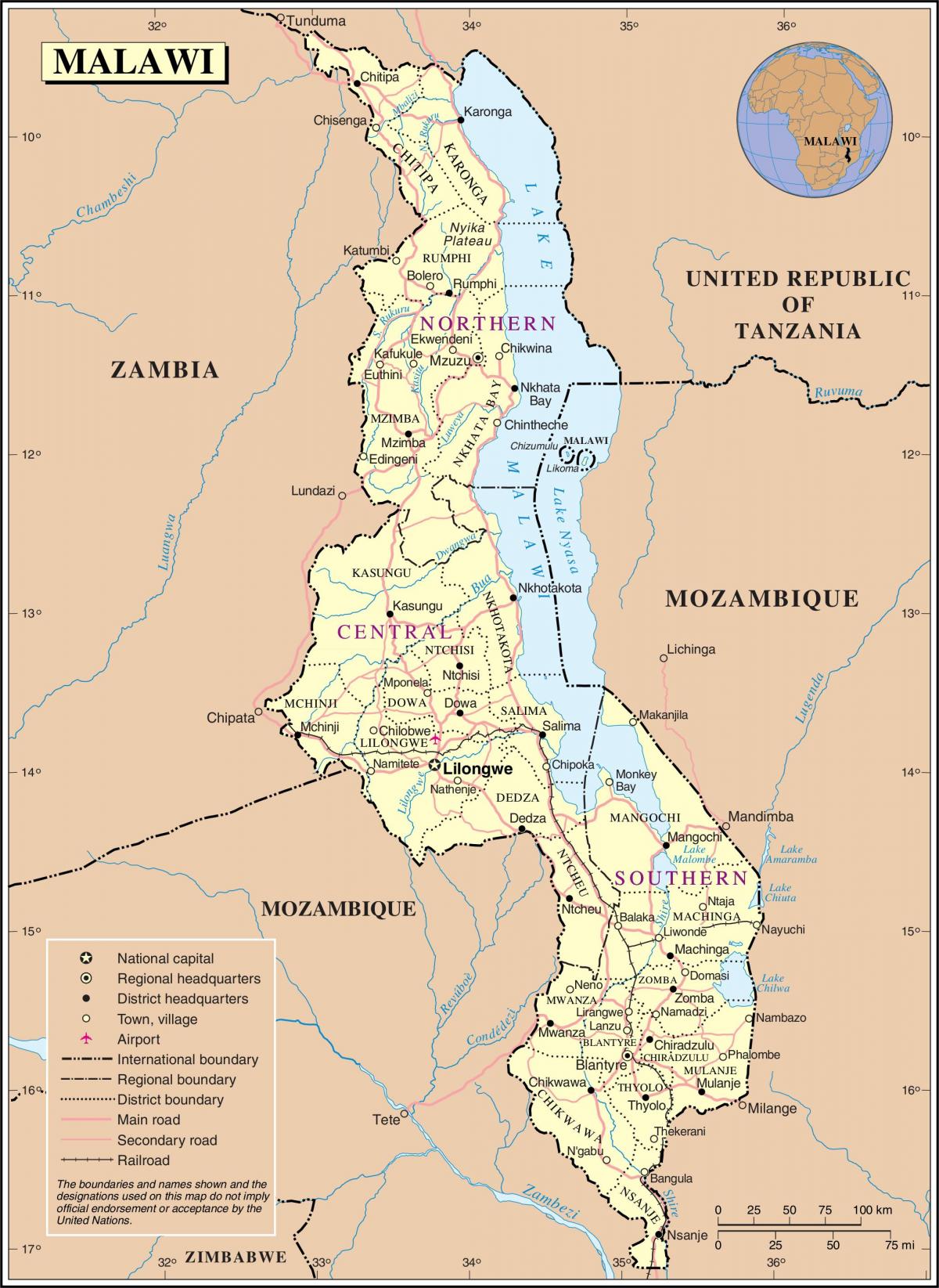 zemljevid Malavi, ki prikazuje ceste
