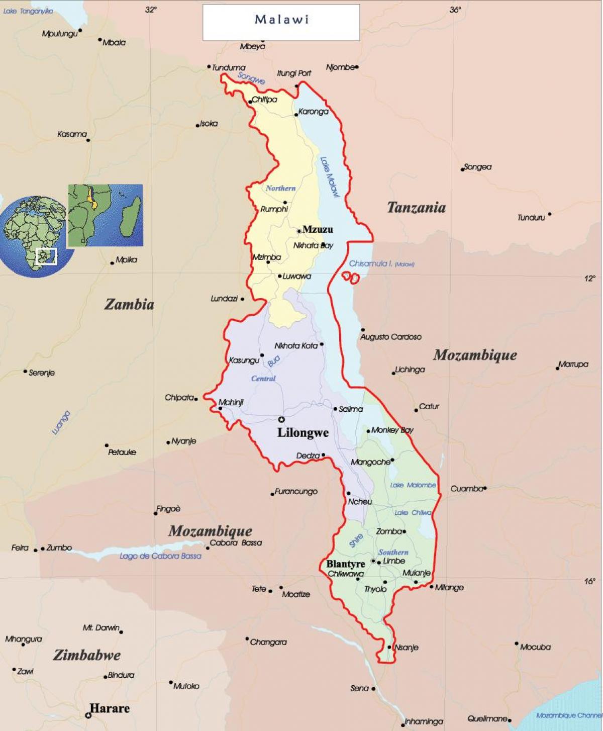 zemljevid Malavi politične